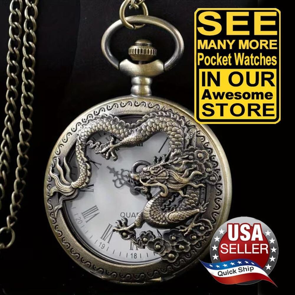 Pocket Watch & Chain • Chinese Royal Dragon • Roman Numerals • Bronze Anodized